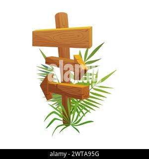 Dschungel hölzernes braunes Schild mit tropischen grünen Blättern, Stand mit linken und rechten Pfeilen und Schild Panel Vektor Illustration Stock Vektor