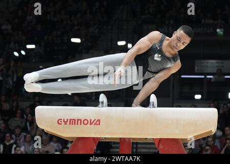 Liverpool, Großbritannien. März 2024. 2024 Gymnastik British Championships - LIVERPOOL, ENGLAND - 16. MÄRZ: Joe Fraser vom City of Birmingham Gym Club am dritten Tag der britischen Gymnastik-Meisterschaften 2024 in der M&S Bank Arena am 16. März 2024 in Liverpool, England. Foto Alan Edwards Credit: ALAN EDWARDS/Alamy Live News Stockfoto