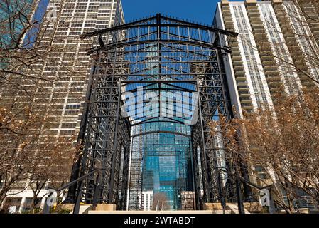 Rückseite der Federal Building Columns mit Downtown Chicago im Hintergrund. Stockfoto