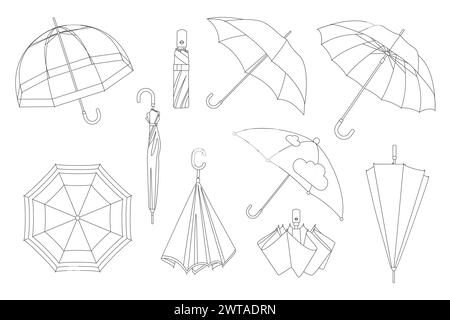 Offene und geschlossene Regenschirme für Regenschutz, dünne Linien-Symbolsatz. Skizze Mode Accessoire Sammlung der Regenzeit, gefalteter Sonnenschirm oder fliegenden wasserdichten Regenschirm mit Griff Vektor Illustration Stock Vektor