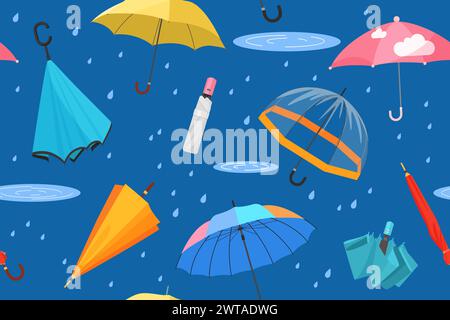 Gefaltete und offene bunte Regenschirme für Regenschutz, nahtloses Muster. Fliegende Wiederholung moderne verschiedene wasserdichte Sonnenschirme mit Griffen, Wassertropfen und Regenpfützen Karikaturvektor Illustration Stock Vektor