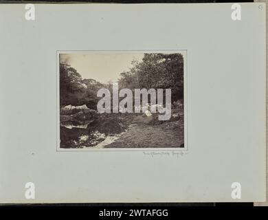 Ruinen der Barony Bridge, Glengariffe. Wahrscheinlich Sir John Joscelyn Coghill, Fotograf (Irisch, 1826–1905), etwa 1860–1870 Ein Mann und eine Frau, die am Ufer sitzen. Der Mann sitzt allein vor einer Reihe großer Steine, möglicherweise Ruinen. Die Frau hat einen gestreiften Schal über den Schultern. (Recto, Mount) oben rechts, Bleistift: '57'; unten rechts, unter Bild, Bleistift: 'Ruinen der Baroniebrücke. Glengariffe-'; Stockfoto