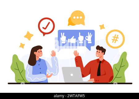 Aktives Zuhören für Geschäftskommunikation und Verhandlung. Winzige Leute verwenden nonverbale Körpersprache und Gesten in Gesprächen, um Karikaturvektor-Illustration besser zu verstehen Stock Vektor