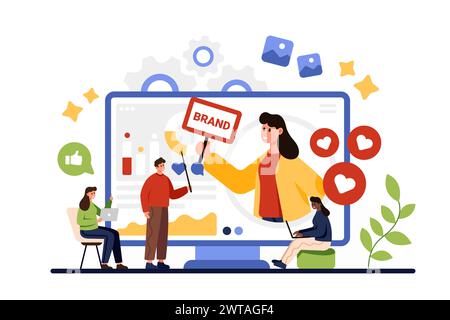 Online-Kurs zum persönlichen Branding. Winzige Menschen schaffen Markenidentität und Anerkennung durch Kunden in Marketing-Lektion oder Webinar, Lehrer mit Zeiger unterrichtet Schüler Karikaturvektorillustration Stock Vektor