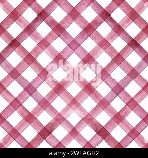 Nahtloses Gingham-Muster mit Streifen in Aquarellfarben. Farbe rot rosa Streifen Hintergrund. Handgezeichnetes, gestreiftes Aquarell. Druck für Stoffdesign, t Stockfoto