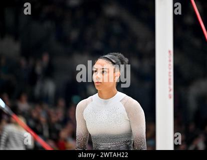 Liverpool, England, Großbritannien. März 2024. An den unebenen Bars während der British Gymnastics Championships in der M&S Bank Arena, Liverpool, England, Großbritannien. Quelle: LFP/Alamy Live News Stockfoto