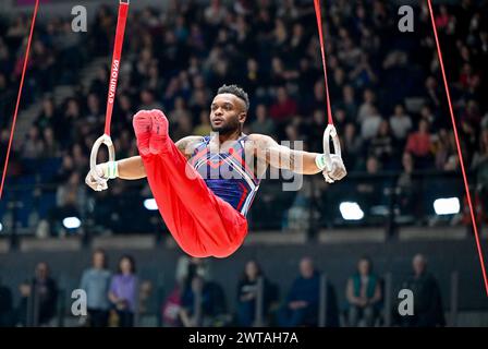 Liverpool, England, Großbritannien. März 2024. Courtney TULLOCH auf den Ringen während der British Gymnastics Championships in der M&S Bank Arena in Liverpool, England, Großbritannien. Quelle: LFP/Alamy Live News Stockfoto