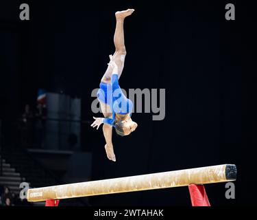 LIVERPOOL, VEREINIGTES KÖNIGREICH. März 24. Amelie Morgan tritt am Samstag, den 16. März 2024, im Women’s Senior Subdivision Two Competition während der britischen Meisterschaft 2024 in der M&S Bank Arena an. LIVERPOOL ENGLAND. Quelle: Taka G Wu/Alamy Live News Stockfoto