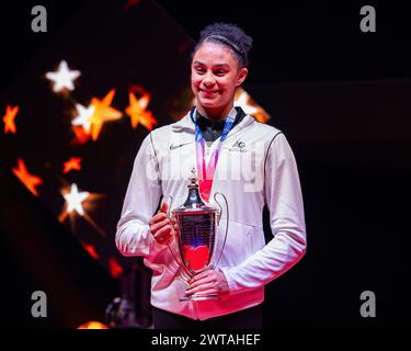 LIVERPOOL, VEREINIGTES KÖNIGREICH. März 24. Ondine Achampong bei der Siegeszeremonie während der britischen Meisterschaft 2024 in der M&S Bank Arena am Samstag, den 16. März 2024. LIVERPOOL ENGLAND. Quelle: Taka G Wu/Alamy Live News Stockfoto