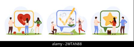 Online-Feedback von Kunden, Nachrichten, Kommentare und Reaktionen. Winzige Leute machen Puzzles aus rotem Herzen, goldenem Bewertungsstern und grünem Häkchen innerhalb der Sprechblase Cartoon Vektor Illustration Stock Vektor
