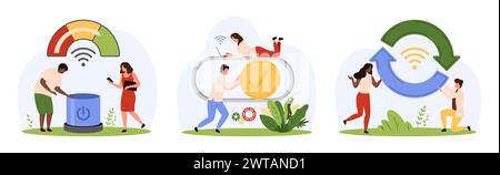 Einstellungen für mobile Anwendungen, Softwareaktualisierung und Steuerungssatz. Winzige Leute laden und erneuern Arbeitsprozess des technischen Systems mit kreisförmigem Pfeil, drücken ein-/Ausschalter, bewegen Schieberegler Cartoon Vektor Illustration Stock Vektor