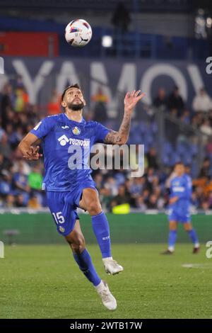 Madrid, Spanien. März 2024. Omar Alderete von Getafe in Aktion während des Spiels der La Liga 2023/24 zwischen Getafe und Girona im Coliseum Stadium. Endergebnis; Getafe 1:0 Girona Credit: SOPA Images Limited/Alamy Live News Stockfoto