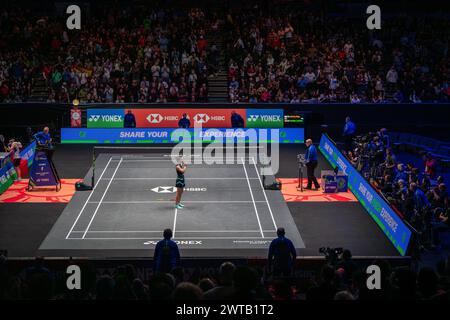 Birmingham, Großbritannien. März 2024. Carolina Marin aus Spanien feiert nach dem Halbfinale der Frauen gegen Tai Tzu-Ying aus Chinese Taipei bei den England Open Badminton Championships 2024 in Birmingham, Großbritannien, am 16. März 2024. Quelle: Xinhua/Alamy Live News Stockfoto