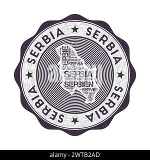 Siegel Serbien. Country Round-Logo mit Form von Serbien und Ländername in mehreren Sprachen wordcloud. Ansprechendes Emblem. Bezaubernde Vektor-Illustration. Stock Vektor