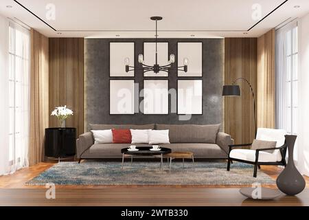 3D-Rendering-Luxus eines Wohnzimmers mit Deckenleuchte, kannelierter Platte und sechs Rahmen. Stockfoto
