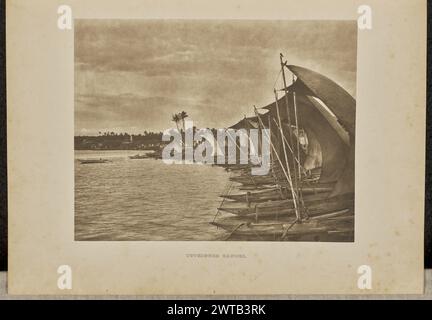 Auslegerkanus. Henry W. Cave, Fotograf (Deutsch, 1854 – 1913) 1893 Blick auf eine lange Reihe von Auslegerkanus, die entlang einer Mole im Hafen von Colombo aufgereiht sind. (Recto, Blatt) unten in der Mitte, in schwarzer Tinte gedruckt: 'AUSLEGERKANUS'. Unten in der Mitte, entlang des unteren Seitenrandes, in schwarzer Tinte gedruckt: „ii.“ Stockfoto