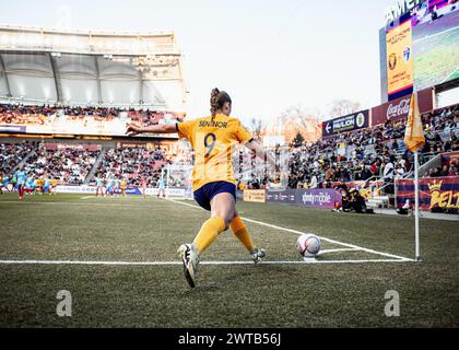 Las Vegas, Nevada, USA. März 2024. Ally Sentnor tritt am 16. März 2024 in einem Spiel zwischen den Utah Royals und den Chicago Red Stars beim America First Field in Sandy, Utah, ein. (Kreditbild: © Abram Iman/ZUMA Press Wire) NUR REDAKTIONELLE VERWENDUNG! Nicht für kommerzielle ZWECKE! Stockfoto