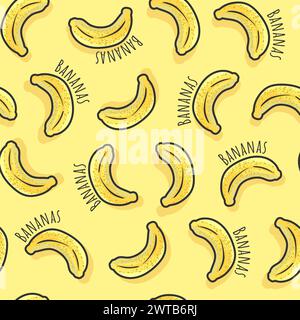 Nahtlose gelbe Bananen Vektormuster mit Bananen Text Elementen Stock Vektor