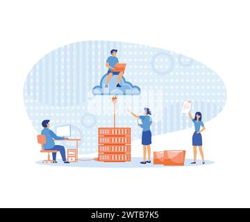 Business Technology Storage Cloud Computing Service-Konzept mit Administratorteam, das an der Cloud arbeitet. Moderne Illustration des flachen Vektors Stock Vektor