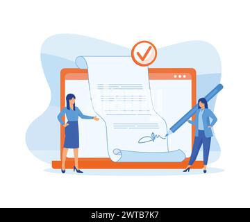 Hypothekenprozesskonzept. Frau, die einen Vertrag unterschreibt und Dokumente unterzeichnet und Hausschlüssel erhält. Moderne Illustration des flachen Vektors Stock Vektor