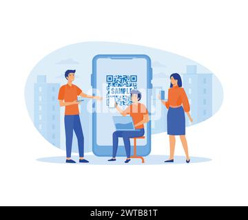 Junge Männer und Frauen stehen in der Nähe eines großen Smartphones mit qr-Symbol auf dem Bildschirm. Moderne Illustration des flachen Vektors Stock Vektor
