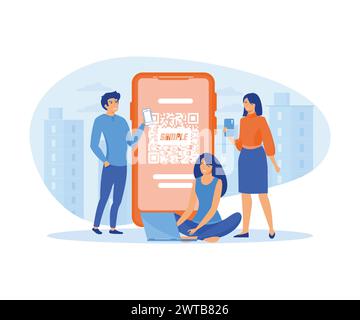 QR-Code-Scankonzept. Die Leute benutzen ein Smartphone und scannen QR-Code für die Bezahlung und alles. Moderne Illustration des flachen Vektors Stock Vektor