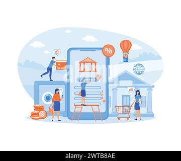 Mobiles Banking und Finanzmanagement. Büromitarbeiter, die per Smartphone online mobile Zahlungen, Überweisungen und Einzahlungen tätigen. Flache Vektoren, moderne Illust Stock Vektor