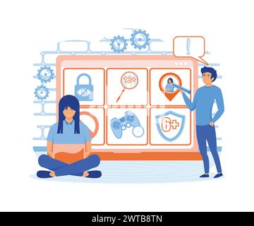 Kindersicherungssoftware. Begrenzte Spielzeit, geografische Standortverfolgung. Blockierte, verbotene oder unangemessene Inhalte für Kinder. Flacher Vektor moderne Illustration Stock Vektor