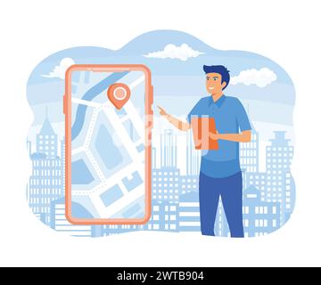 Mann, der die Karten-App auf dem Handy benutzt. Mann, der versucht, durch das Gelände zu navigieren, eine Route zu bauen. Suche nach Geolokation GPS-Navigator Verfolgung des Standorts der Personenkarte Stock Vektor
