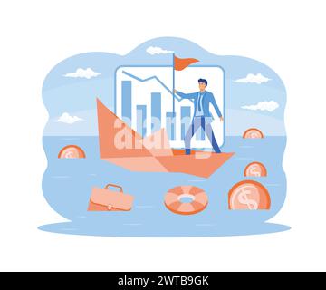 Geschäftskonzept Konkurs. Winzige Person mit pleite Gesellschaft. Sinkender Geschäftsprozess in der Finanzkrise. Moderne Illustration des flachen Vektors Stock Vektor