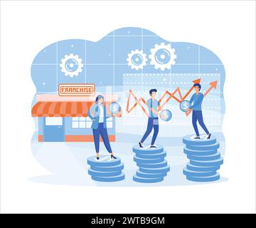 Franchise-mACarketing-System. People Start Franchise Small Enterprise, Unternehmen mit Hauptsitz. Shop und Geldstapel, Grafik. Flache vecto Stock Vektor