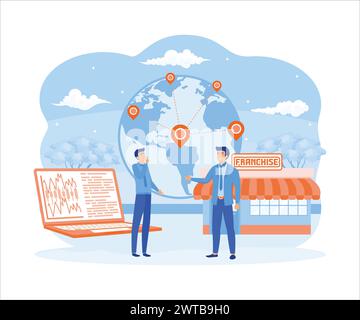 Geschäftsmann bietet Franchise, Handelsnetzwerk Shop nach dem World Map Business Konzept. Moderne Illustration des flachen Vektors Stock Vektor