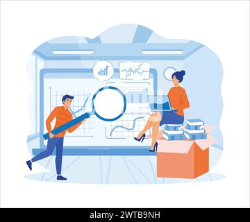 Datenanalysekonzept. Personenzeichen, die mit Datenvisualisierung arbeiten und Tabellen, Diagramme und Diagramme im Business Dashboard analysieren. Flat Vector Moder Stock Vektor