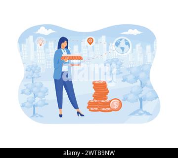 Franchising-Konzept für Unternehmen. Geschäftsfrau steht und kauft ein Franchise. Kauf eines fertigen Unternehmens. Moderne Illustration des flachen Vektors Stock Vektor