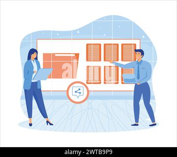 Leute senden Akten für Geschäfte. Gemeinsame Nutzung von Dateien, Datenübertragung, Übertragung von Dokumentation, Cloud-Service, Dateiverwaltung, elektronische Dokumentenverwaltung Stock Vektor