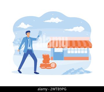 Geschäftsmann, der ein Franchise eröffnet oder kauft. Kauf eines fertigen Unternehmens. Konzept der Geschäftsbranche, Franchising, Geschäftsausweitung, Vertrieb. FL Stock Vektor