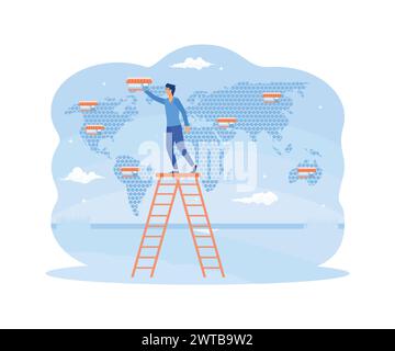 Franchise-Geschäftskonzept. Geschäftsmann Hand bringt Franchise-Geschäft auf Weltkarte. Moderne Illustration des flachen Vektors Stock Vektor