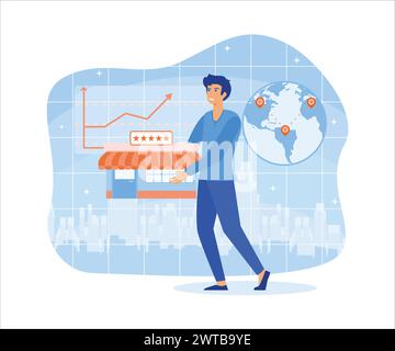 Geschäftsmann steht und kauft ein Franchise. Kauf eines fertigen Unternehmens. Konzept der Wirtschaft, Franchising, Bizopp, Vertrieb. Flacher Vektor Stock Vektor