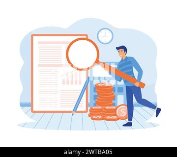 Männer studieren den Finanzbogen. Finanzbericht, digitale Rechnungslegung, Rechnungsprüfung und Finanzforschung. Moderne Illustration des flachen Vektors Stock Vektor