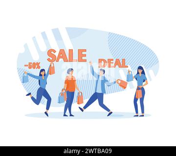 Leute mit Einkaufstaschen und Geschenken. Glückliche Männer und Frauen bekommen Rabattpreise. Moderne Illustration des flachen Vektors Stock Vektor