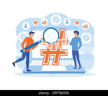 Hashtag-Konzept junger Mann, der ein mobiles Tablet und ein Smartphone verwendet, um Beiträge zu senden und sie in sozialen Medien zu teilen. Flacher Illustrationsvektor flacher Vektor Stock Vektor