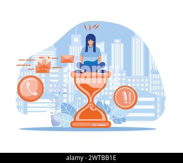 Stress im Büro-Konzept. Müde und verärgerte Geschäftsfrau sitzt auf einer Sanduhr und packte sich den Kopf mit Ikonen für Geschäftsprozesse und Infogra Stock Vektor