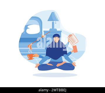 Multitasking-Arbeitskonzept. Mädchen mit vielen Armen sitzt in der Yoga Lotusposition und erledigt viele Aufgaben gleichzeitig. Moderne Illustration des flachen Vektors Stock Vektor