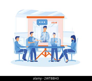 Business-Team bei Videokonferenzgesprächen im Sitzungssaal. Online-Meeting mit CEO, Manager oder Director. Beratungs- und Schulungskonzept. Flacher Vektor Mo Stock Vektor