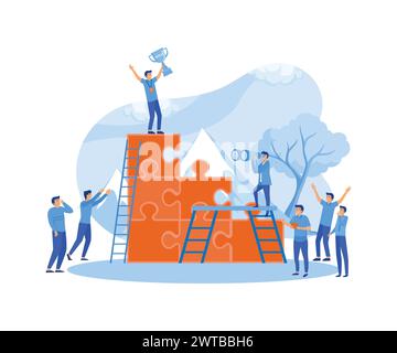 Konzept des Erfolgs-Geschäftsteams. Die Leute arbeiten an ihrer Rolle mit Geschäftsfrau, die mit großen goldenen Trophäen auf die Puzzle-Elemente aufmuntert. Flat Vector mod Stock Vektor