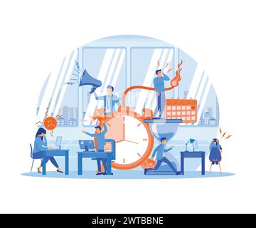Terminkonzept für das Büro. Gestresste Mitarbeiter, die Überstunden leisten. Müde Arbeiter und wütender Boss. Zeitbombe für die Deadlines, fehlende Deadlines. Flacher Vektor modern Stock Vektor
