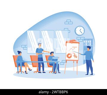 Business Coach spricht vor Publikum. Mentor präsentiert Diagramme und Berichte zu Seminaren, Schulungen, Präsentationen oder Konferenzen. Flat Vector Moder Stock Vektor