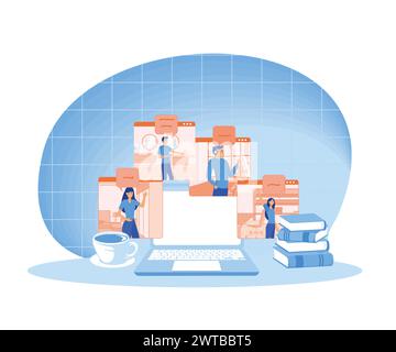 Personen, die zu Hause Remote arbeiten und ein Notebook für Videokonferenzen mit Kollegen und Freunden verwenden. Online-Diskussion und Videokonferenz Konzept. Flaches Fahrzeug Stock Vektor