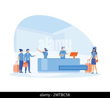 Frau mit Koffern steht an der Rezeption. Checken Sie im Hotel ein. Der Rezeptionist begrüßt den Gast. Hostel-Innenausstattung mit Administrator. Flacher Vektor Stock Vektor