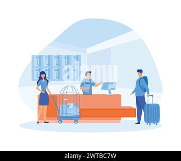 Hotelrezeptionskonzept. Touristen oder Reisende stehen an der Rezeption im Innenraum des Büros in der Lobby, Gäste sprechen mit dem Rezeptionisten. Flat Vector mod Stock Vektor